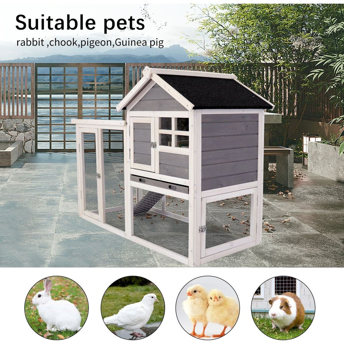 Deluxe Wooden Chicken Coop Hen House Rabbit Wood Hutch Poultry Cage Habitat