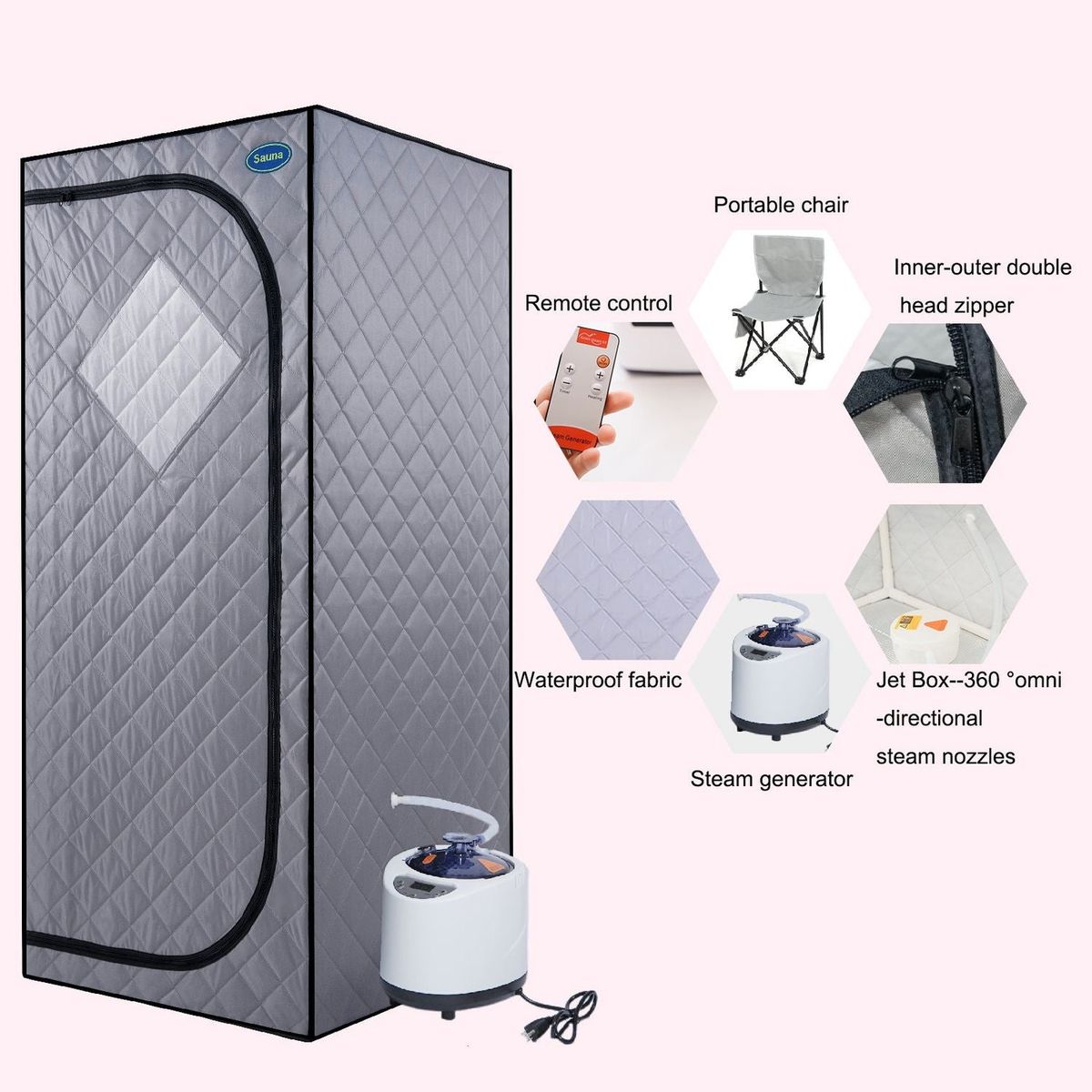 Full Size Portable Grey Steam Sauna tent"ersonal Home Spa, with Steam Generator, Remote Control, Foldable Chair, Timer and PVC Pipe Connector Easy to Install.Fast heating, with FCC Certification