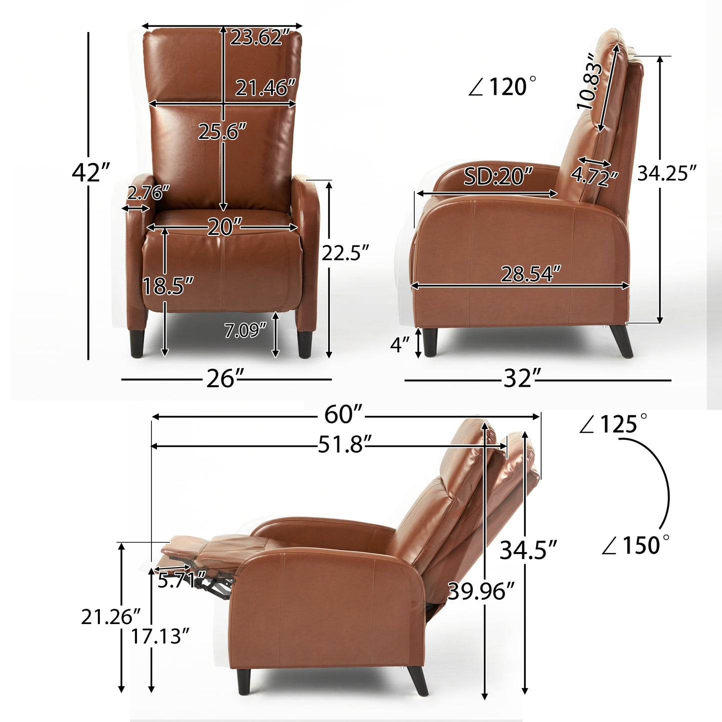 33.5" Wide Faux Leather Push Back Standard Recliner