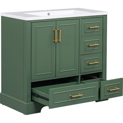 36-inch Traditional Bathroom Vanity with Resin Sink Combo Set, Green Bathroom Cabinet with Two Doors and Four Drawers