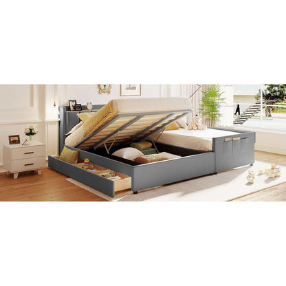 Queen Size & Twin XL Size Upholstered Platform Bed, Mother & Child Bed with Hydraulic Storage System, Drawer Box, Bedhead storage shelf and Two pairs of sockets & USB Ports, PU Leather, Gray