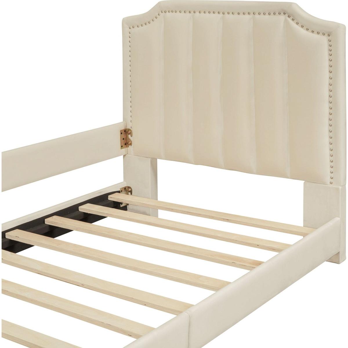 Twin Size Upholstered Daybed with Classic Stripe Shaped Headboard, Beige