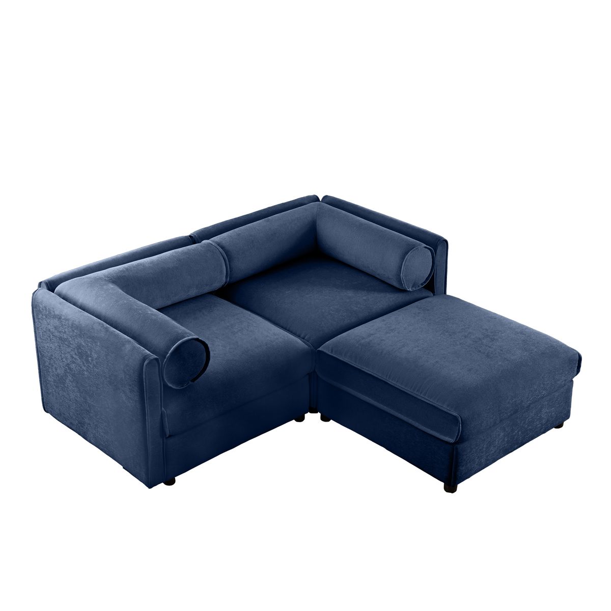 Stylish Blue Chenille 2-Seater Sofa with Ottoman Storage Seat, Cylindrical Backrest and Armrests, Modern Fabric Loveseat