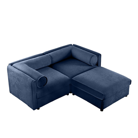 Stylish Blue Chenille 2-Seater Sofa with Ottoman Storage Seat, Cylindrical Backrest and Armrests, Modern Fabric Loveseat