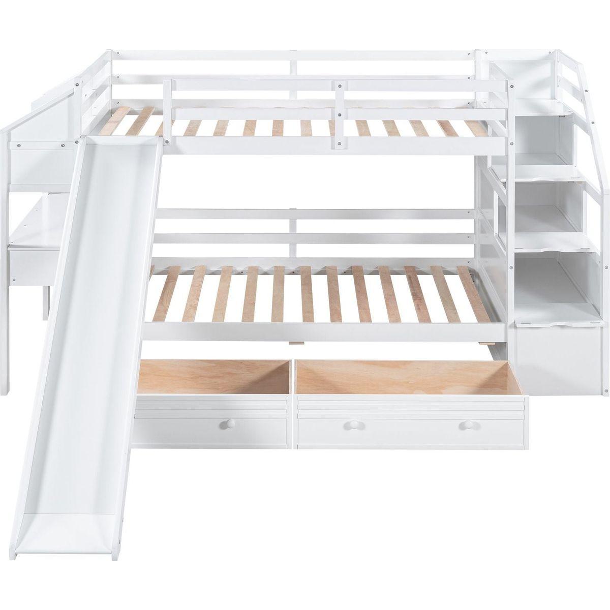 Twin over Twin Bunk Bed with Storage Staircase, Slide and Drawers, Desk with Drawers and Shelves, White