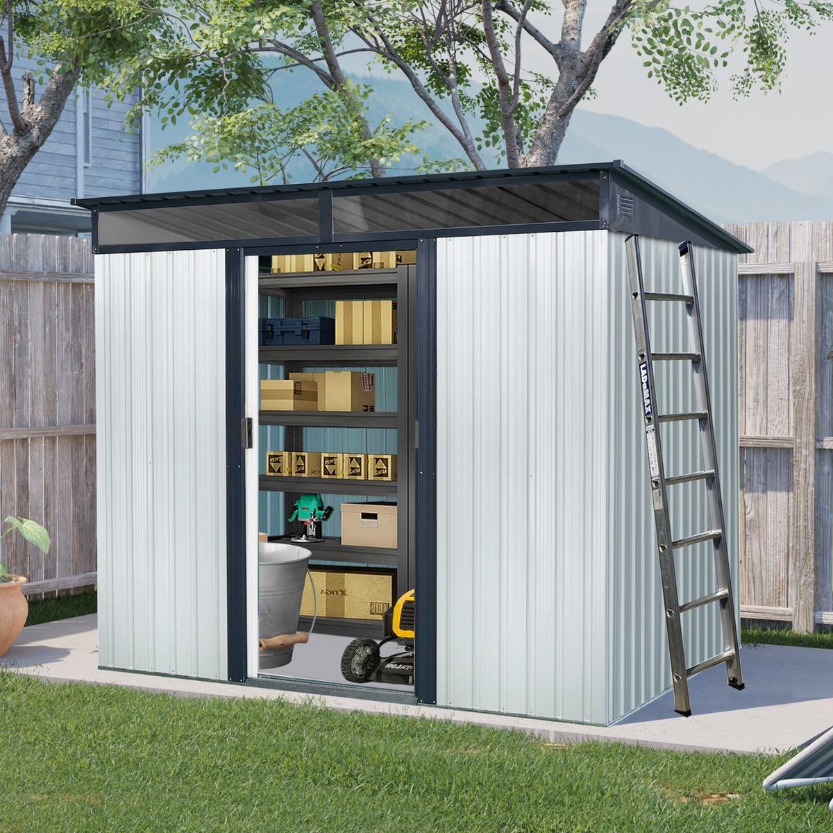 8ft x 6ft Outdoor Metal Storage with Lockable Sliding Doors and Transparent plate for Garden, Lawn (White and Black)