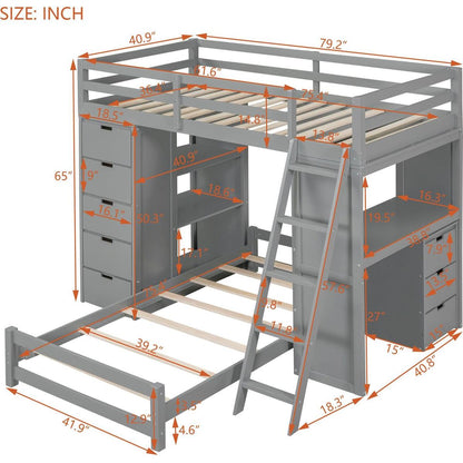 Twin over Twin Bunk Bed with LED Light and USB Ports, Gray