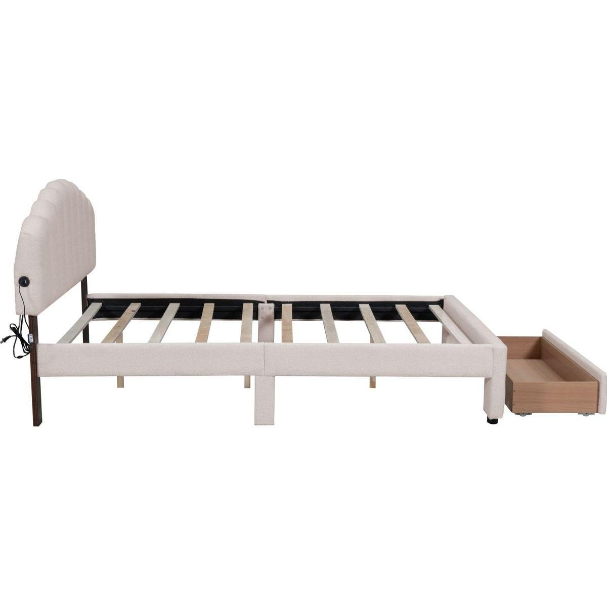Teddy Fleece Queen Size Upholstered Platform Bed with Drawer, Beige