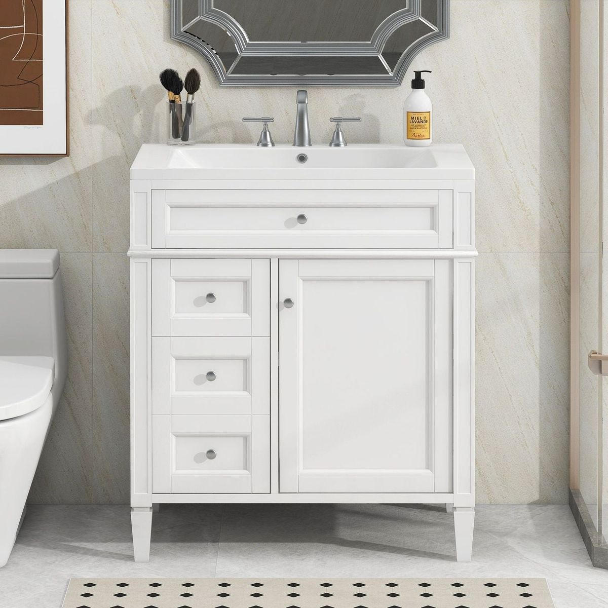 30" Bathroom Vanity with Top Sink, Modern Bathroom Storage Cabinet with 2 Drawers and a Tip-out Drawer, Single Sink Bathroom Vanity