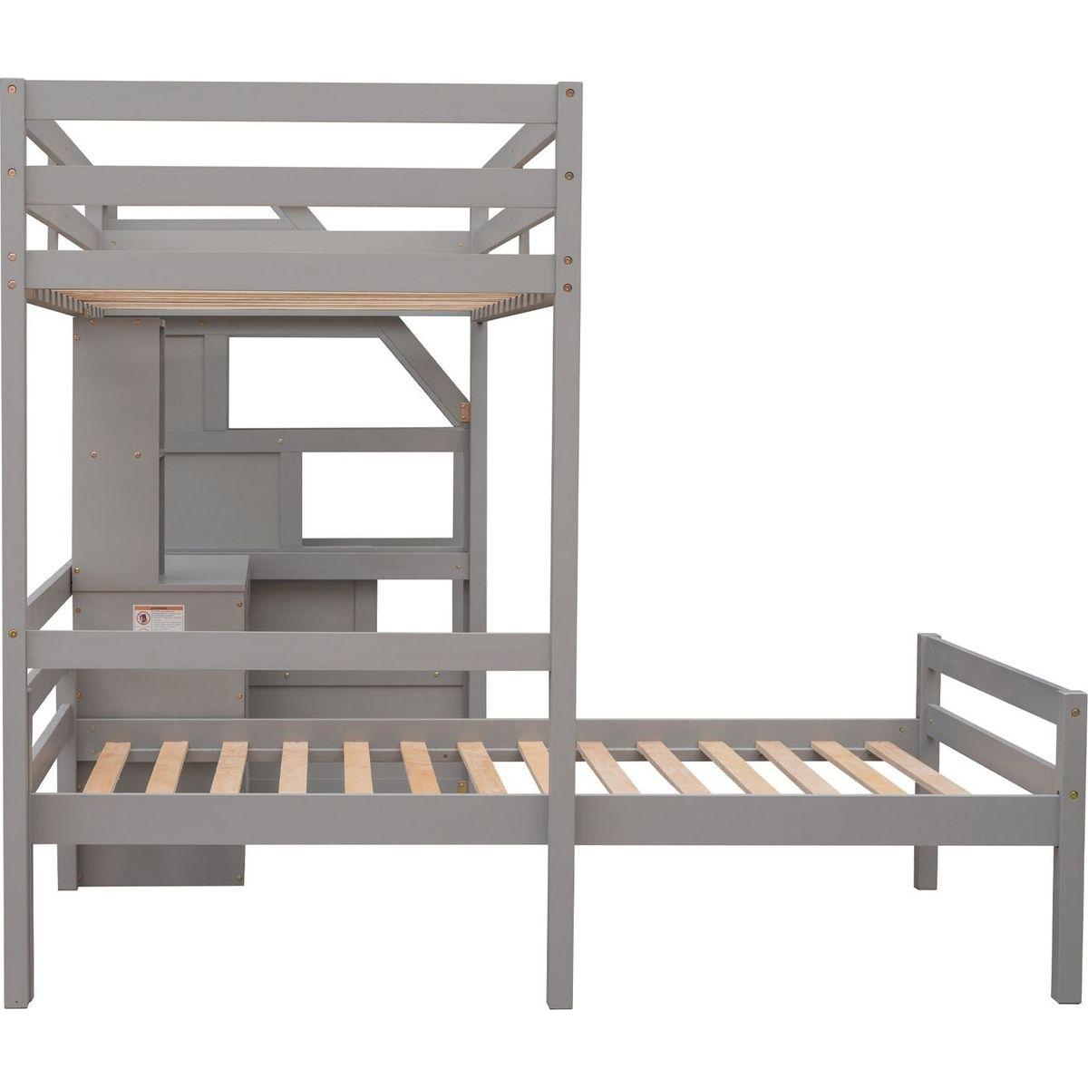 Twin Size Loft Bed with a Stand-alone Bed, Storage Staircase, Desk, Shelves and Drawers, Gray