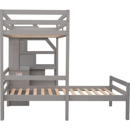 Twin Size Loft Bed with a Stand-alone Bed, Storage Staircase, Desk, Shelves and Drawers, Gray