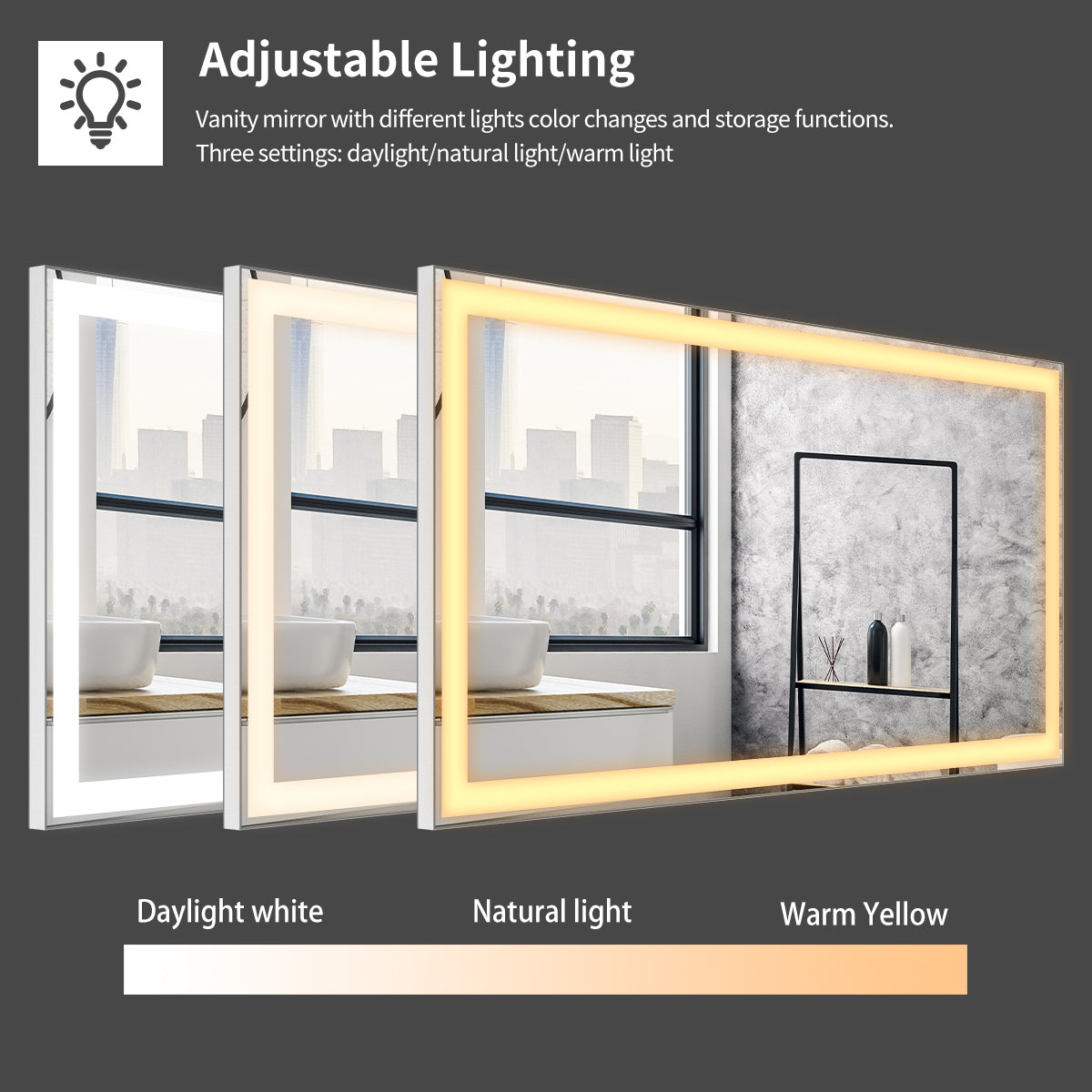 48x24 inch LED Bathroom Vanity Mirror Wall Mounted Adjustable White/Warm/Natural Lights Anti-Fog Touch Switch with Memory Modern Smart Large Bathroom Mirrors