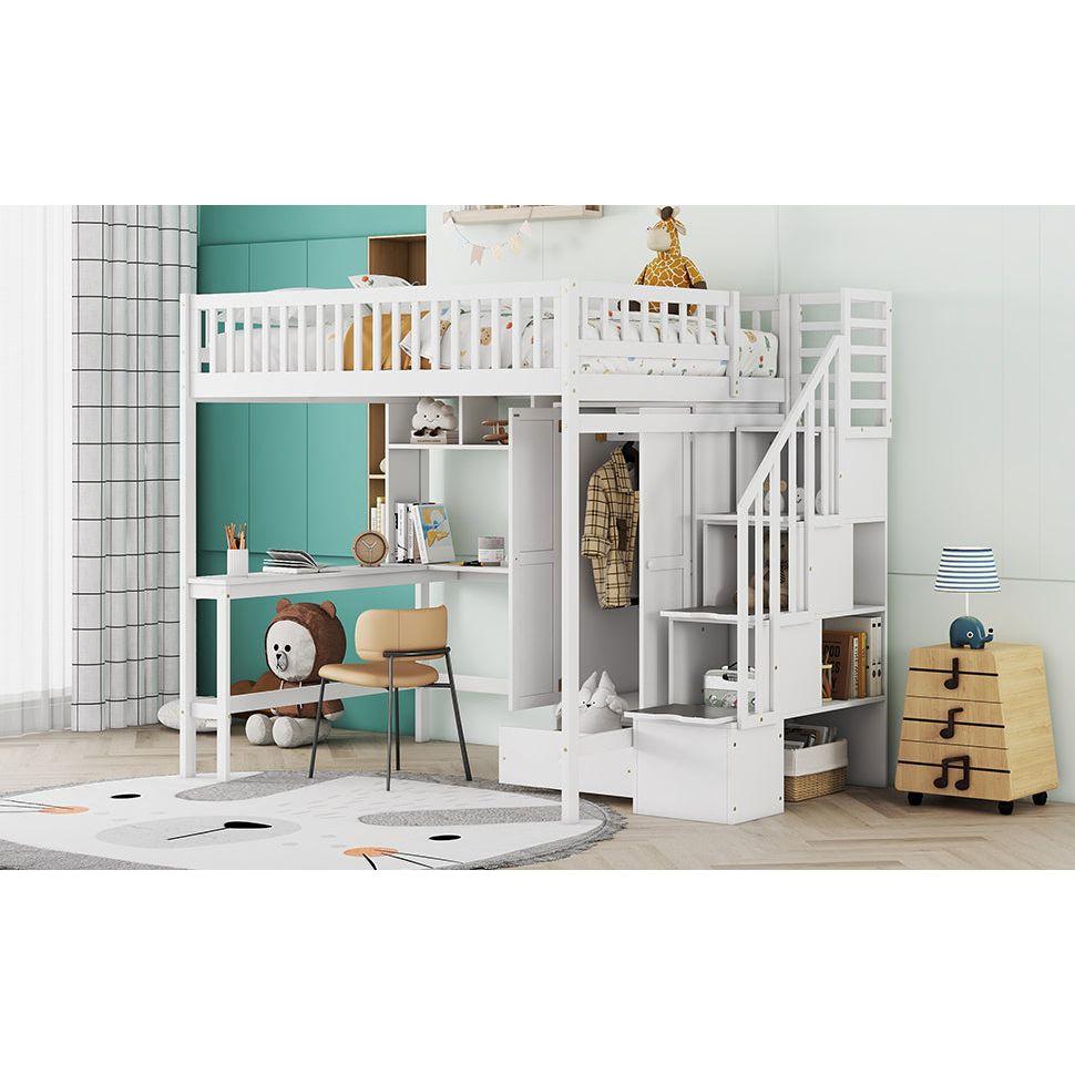 Full size Loft Bed with Bookshelf,Drawers,Desk,and Wardrobe-White