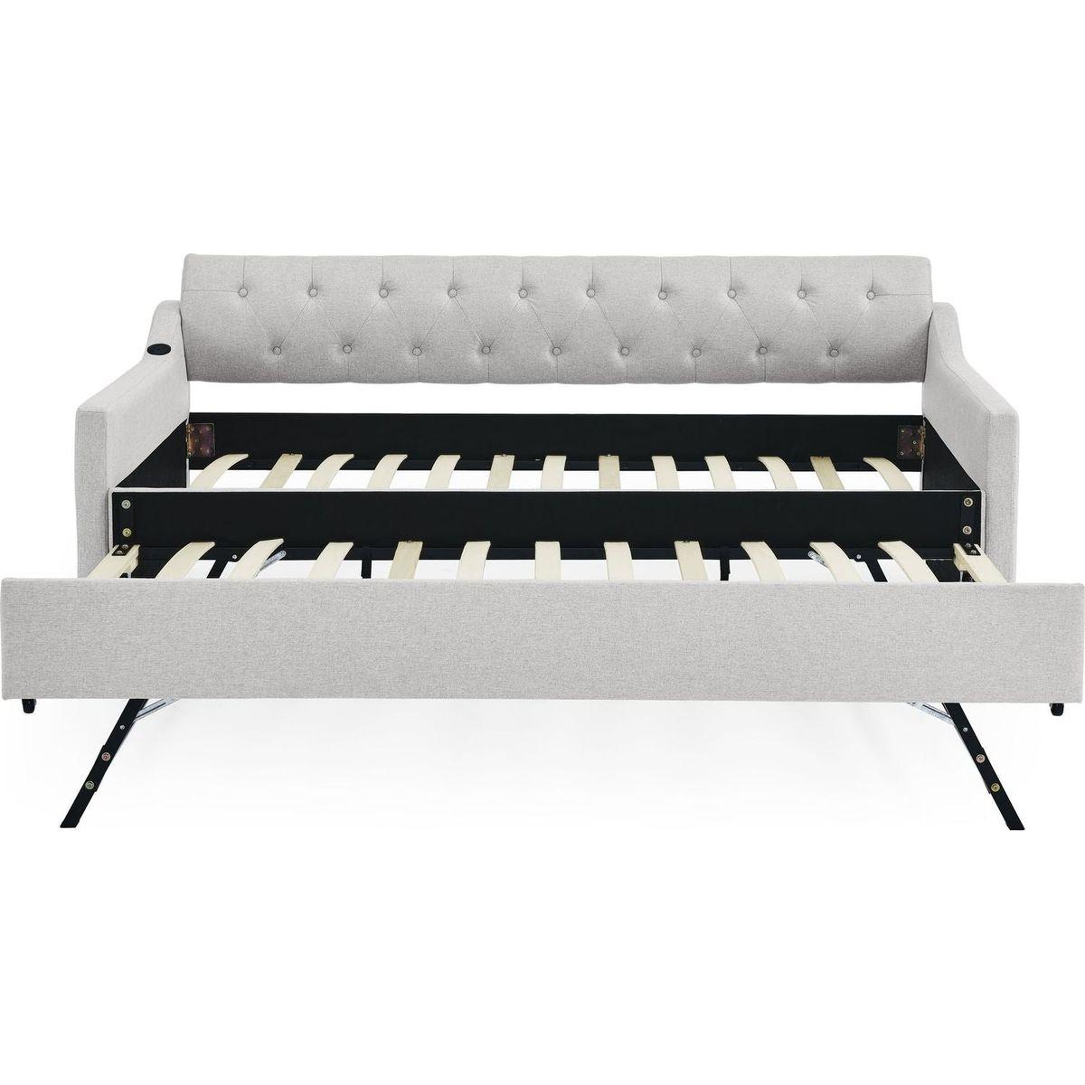 Twin Size Upholstery DayBed with Twin Size Erectable Trundle and USB Charging Design, Linen Beige