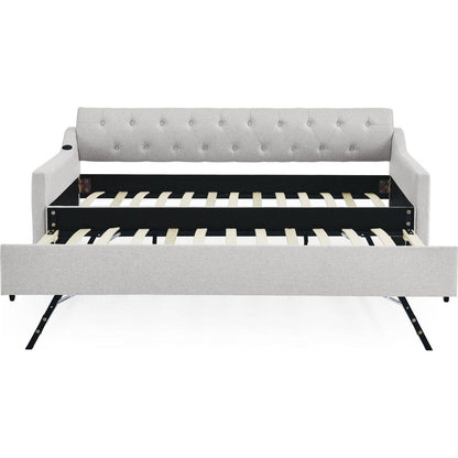 Twin Size Upholstery DayBed with Twin Size Erectable Trundle and USB Charging Design, Linen Beige