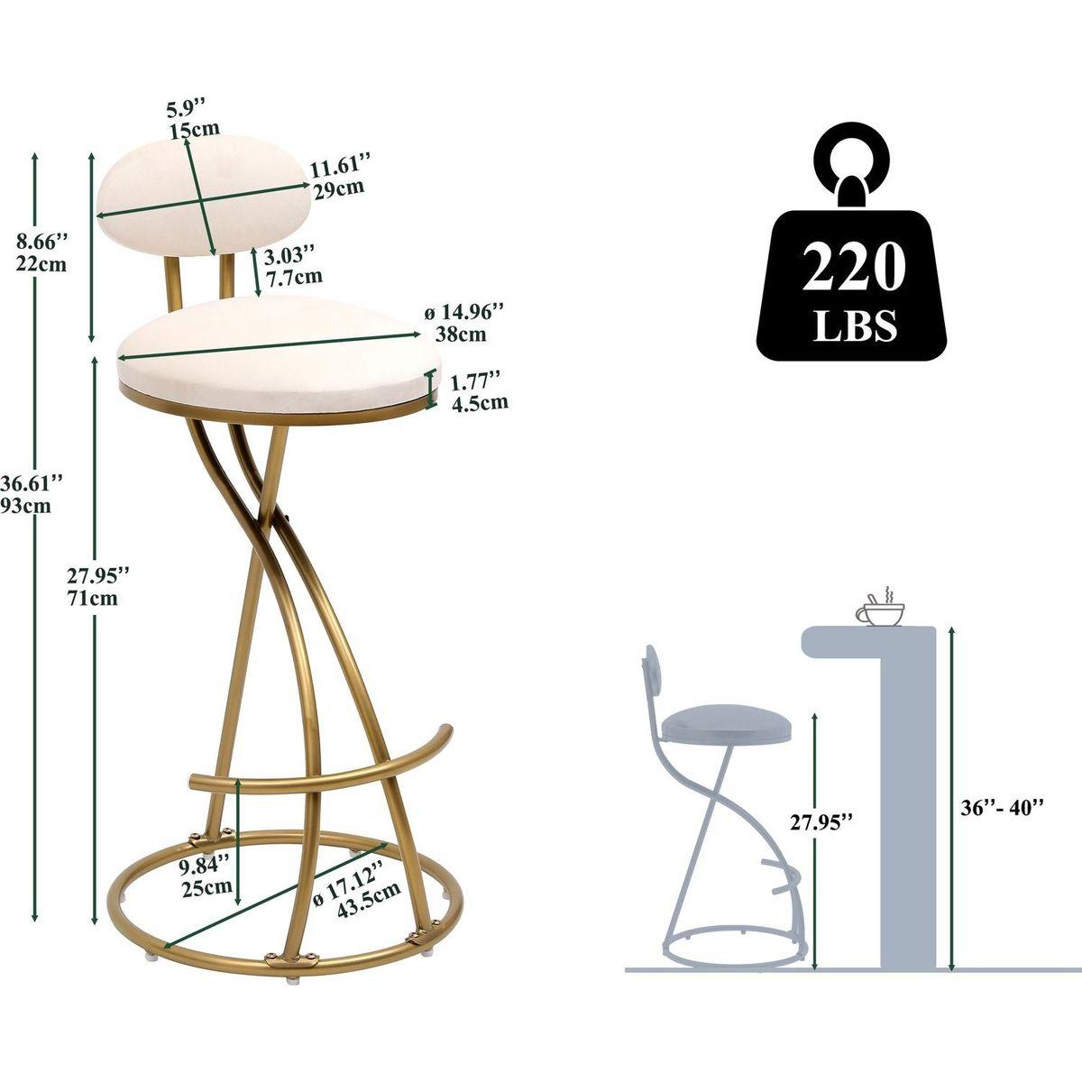 Round Bar Stool Armless Velvet Barstools with Back Set of 2 Upholstered Counter Chair for Dining Room, Kitchen Island (Gold & Creamy White)