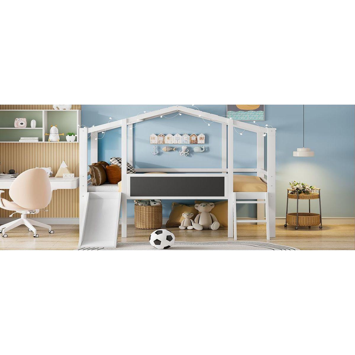 Twin Size Loft Bed with Ladder and Slide, House Bed with Blackboard and Light Strip on the Roof, White