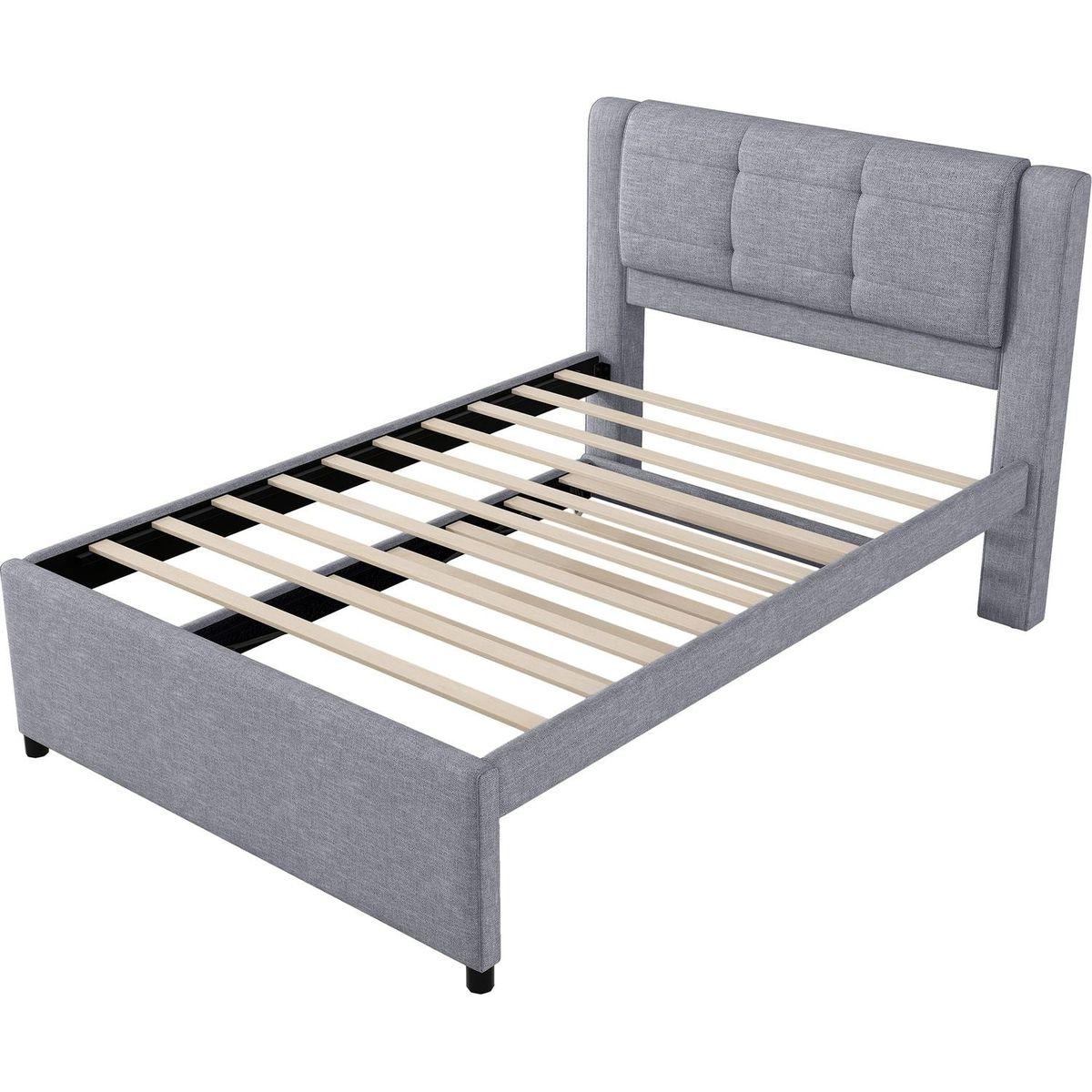Full Size Upholstery platform bed with Trundle,Trundle can be flat or erected, Gray
