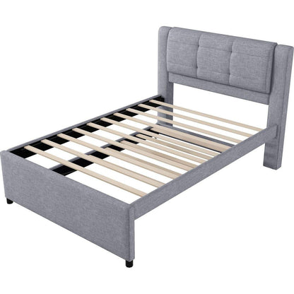 Full Size Upholstery platform bed with Trundle,Trundle can be flat or erected, Gray