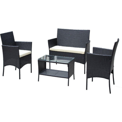 4 PC Rattan Patio Furniture Set Outdoor Patio Cushioned Seat Wicker Sofa (Beige Cushion)