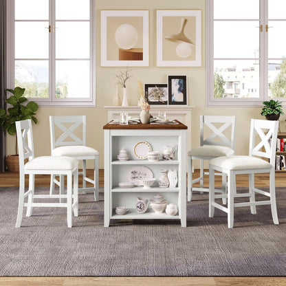5 Pieces Counter Height Rustic Farmhouse Dining Room Wooden Bar Table Set with 4 Chairs, White
