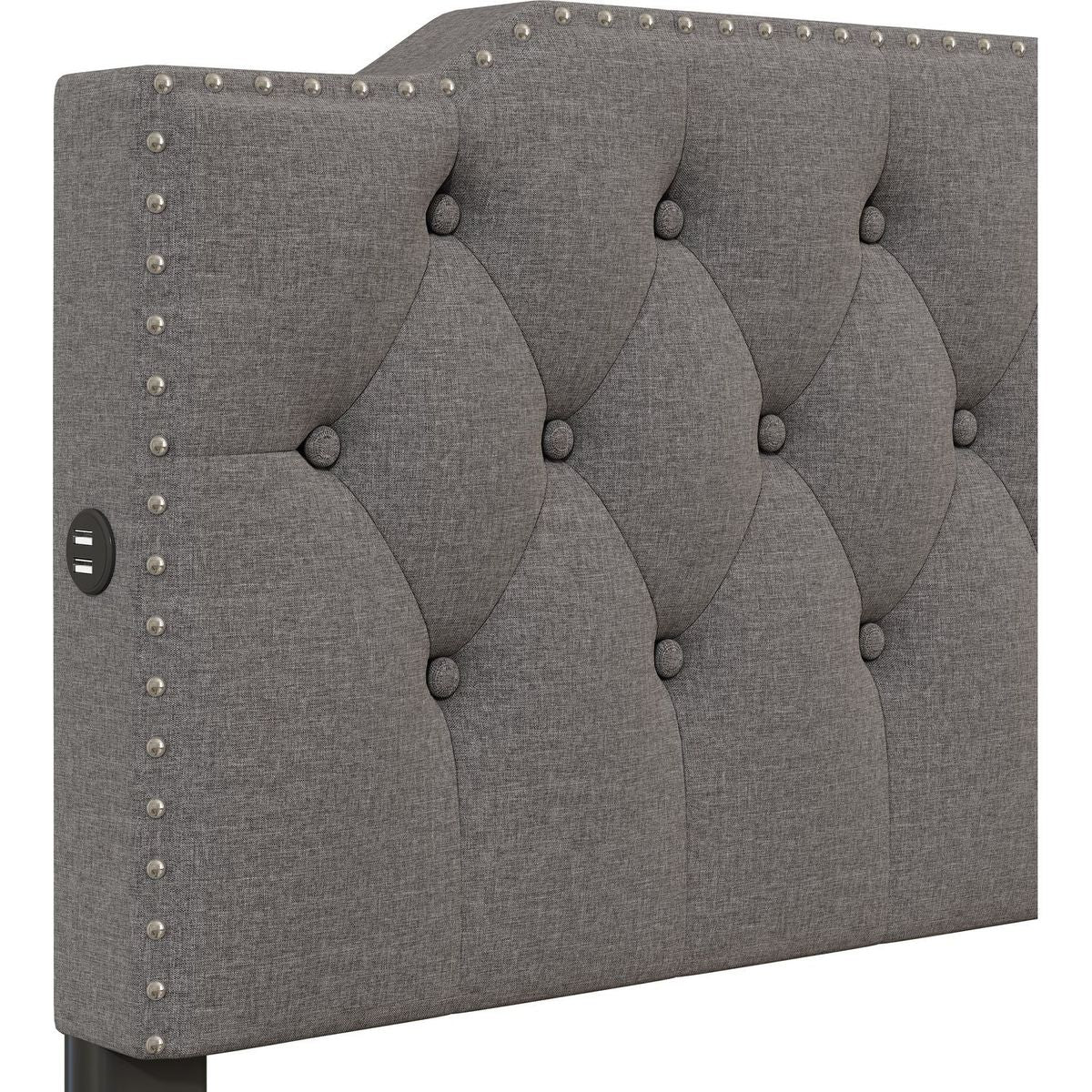 Queen Size Upholstered Platform Bed with 2 Drawers and 2 sets of USB Ports on each side, Linen Fabric, Gray