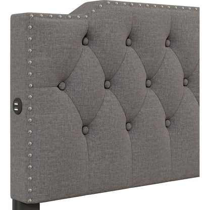 Queen Size Upholstered Platform Bed with 2 Drawers and 2 sets of USB Ports on each side, Linen Fabric, Gray