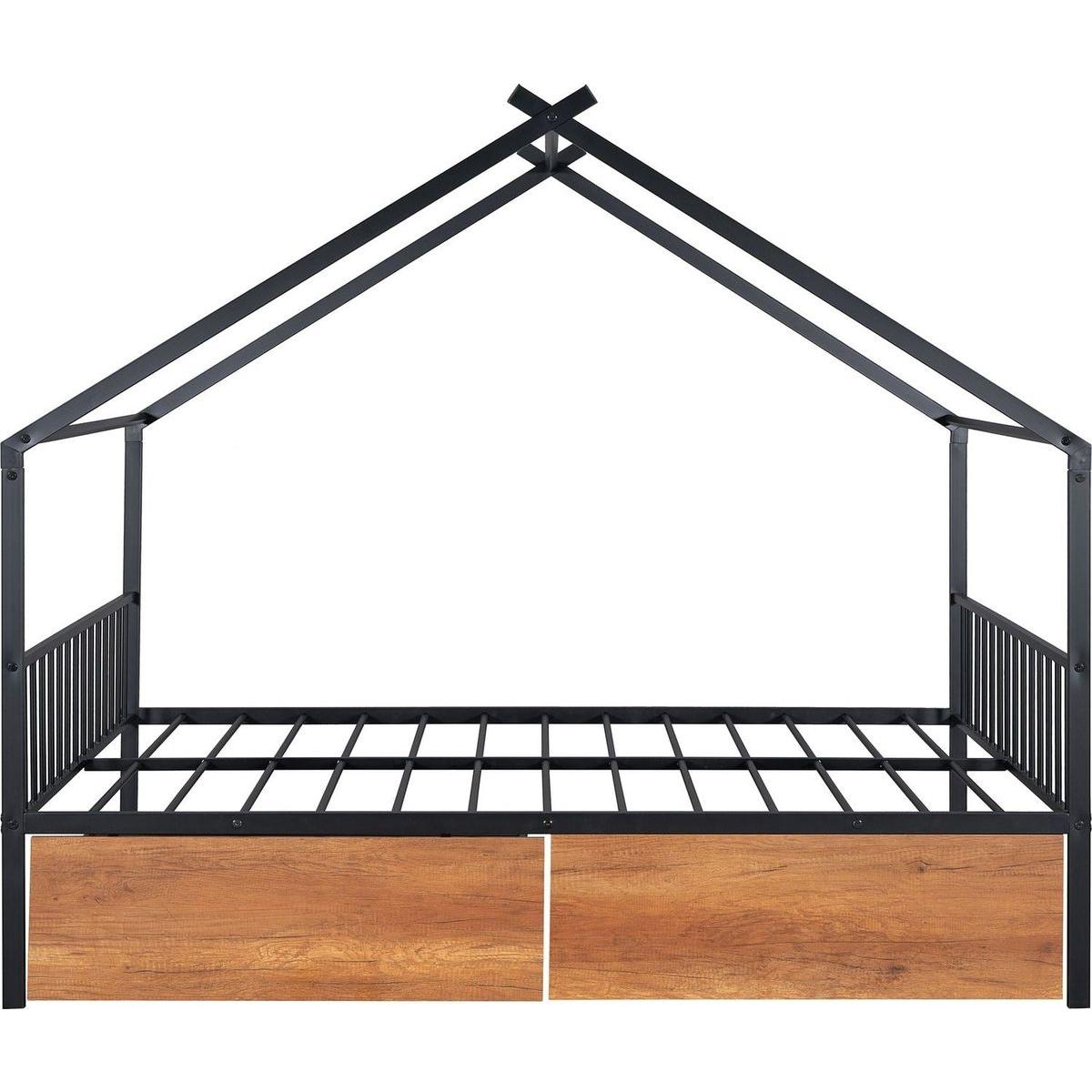Full Size Metal House Bed with Two Drawers, Black