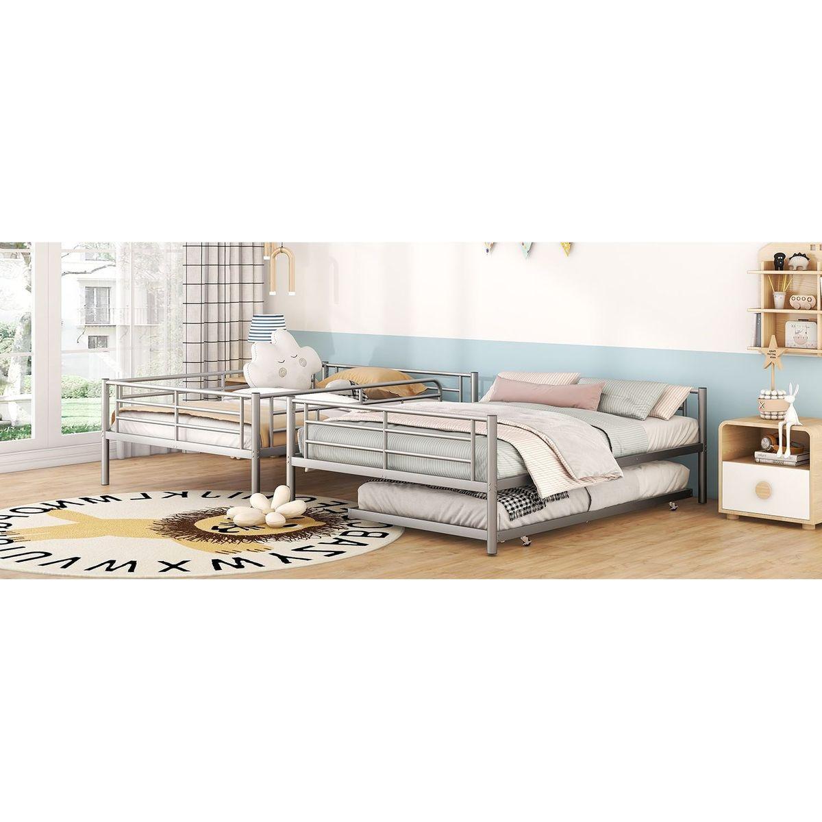 Full Over Full Metal Bunk Bed with Trundle, Silver