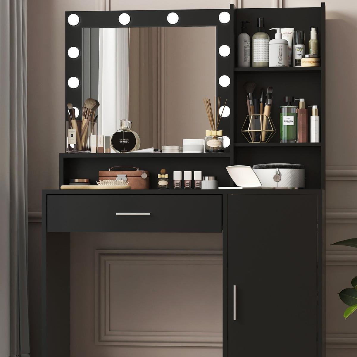 Vanity Desk with Mirror & Light, Large Drawer Three Level Storage Dresser, 3 Lighting Modes Adjustable Brightness, Bedroom Dressing Table (Black)