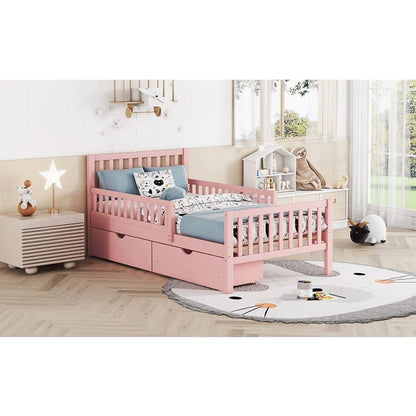 Twin Size Wood Platform Bed with Guardrails on Both Sides and Two Storage Drawers, Pink