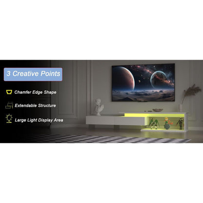 TV Console with Storage Cabinets, Extendable LED TV Stand with Remote Control, Multiple Modes Changing Lights Modern Entertainment Center with Chamfer Edge Shape, White