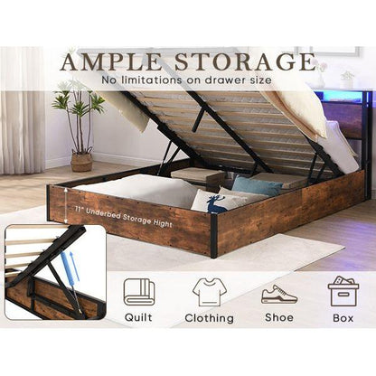 Lift-up Storage Bed Frame, Full Size Bed Frame with Bookcase Headboard & LED Lights, Wooden Platform Bed Frame with Charging Station, No Spring Box Needed, Rustic Brown