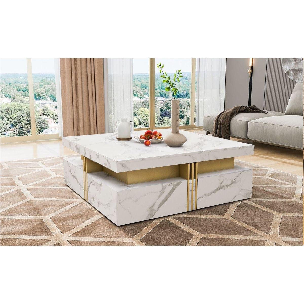 Modern White Square Storage Coffee Table with 4 Drawers