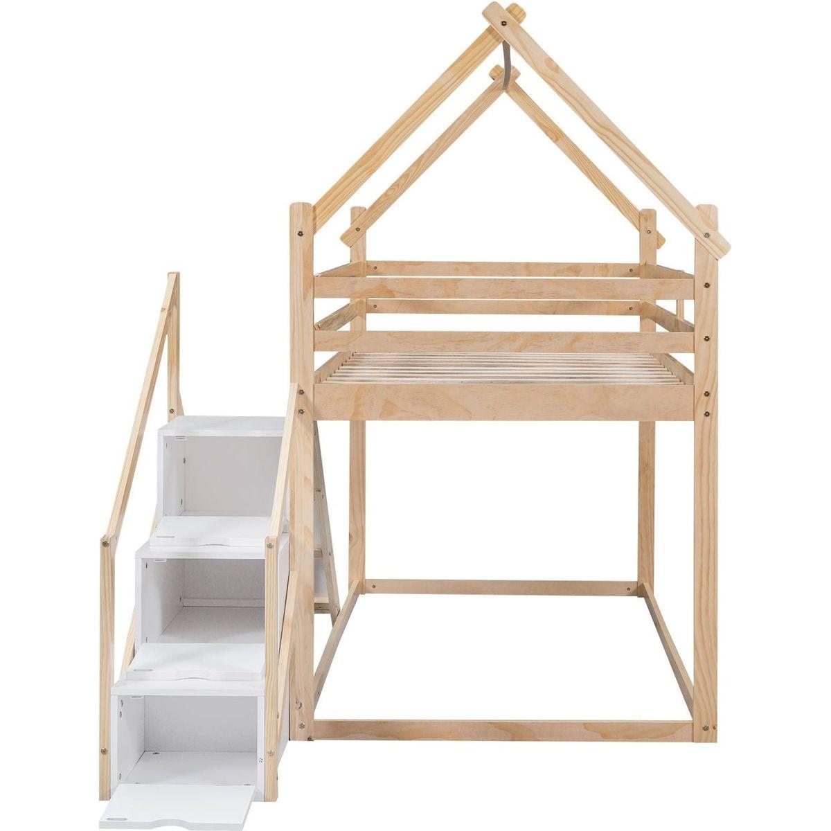 Twin over Twin House Loft or Bunk Bed with Slide and Staircase, Natural