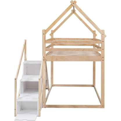 Twin over Twin House Loft or Bunk Bed with Slide and Staircase, Natural