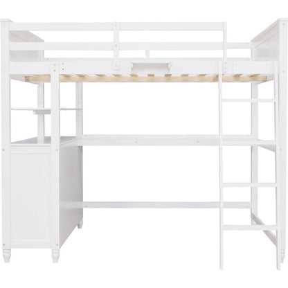 Full size Loft Bed with Drawers and Desk, Wooden Loft Bed with Shelves - White