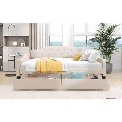 Full Size Upholstered Tufted Daybed with Two Drawers, Beige
