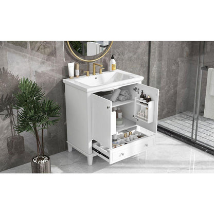 30" Bathroom Vanity with Sink Combo, Multi-functional Bathroom Cabinet with Doors and Drawer, Solid Frame and MDF Board, White