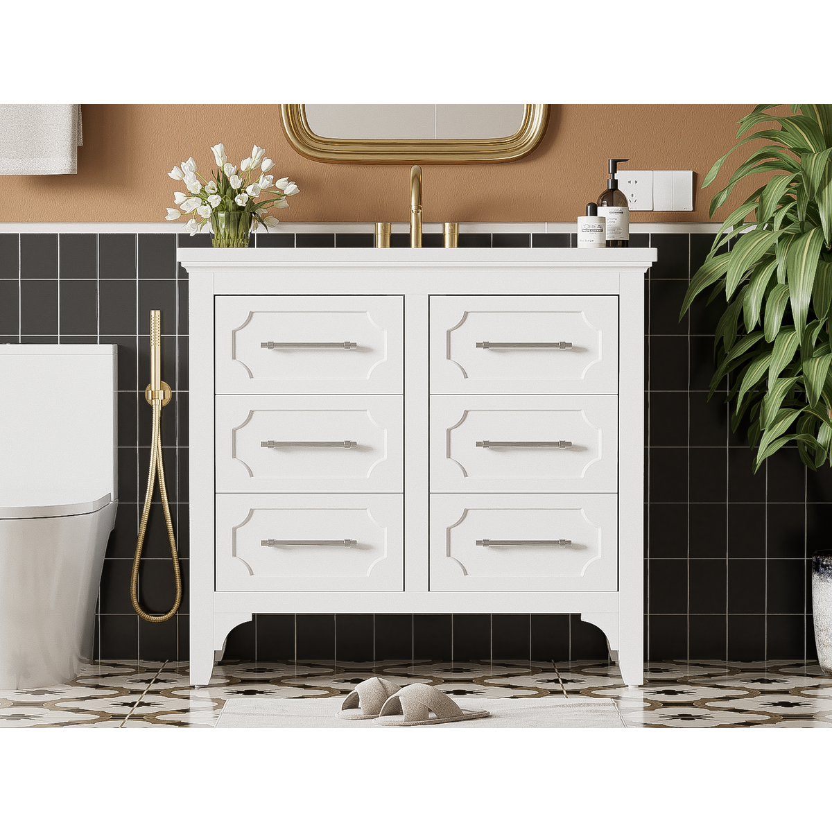 36" Bathroom Vanity with Resin Sink Combo, Free Standing Single Vanity Set with Four Drawers, Solid Wood Frame Bathroom Storage Cabinet