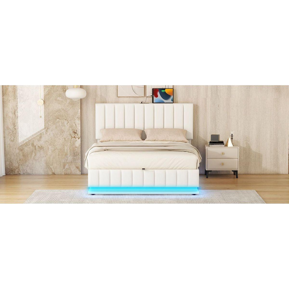 Full Size Upholstered Bed with Hydraulic Storage System and LED Light, Modern Platform Bed with Sockets and USB Ports, White