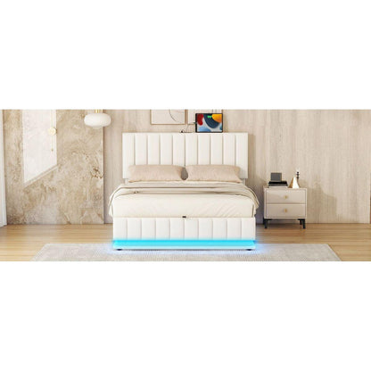 Full Size Upholstered Bed with Hydraulic Storage System and LED Light, Modern Platform Bed with Sockets and USB Ports, White