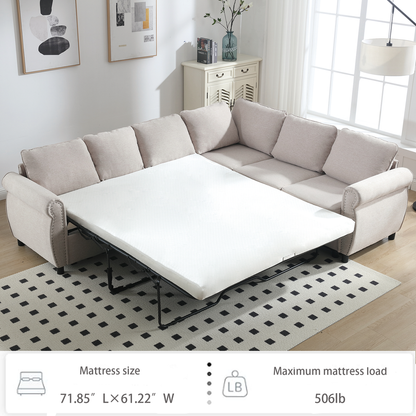 Sleeper Sofa, 2 in 1 Pull Out Couch Bed,6 seater sofa bed, L Shaped Sleeper Sectional Sofa Couch,Riveted sofa,104" Large combined sofa Bed in living room, Beige