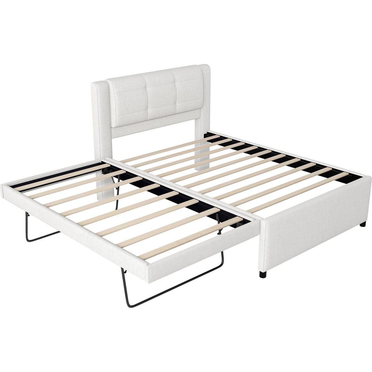 Full Size Upholstery platform bed with Trundle,Trundle can be flat or erected, Beige