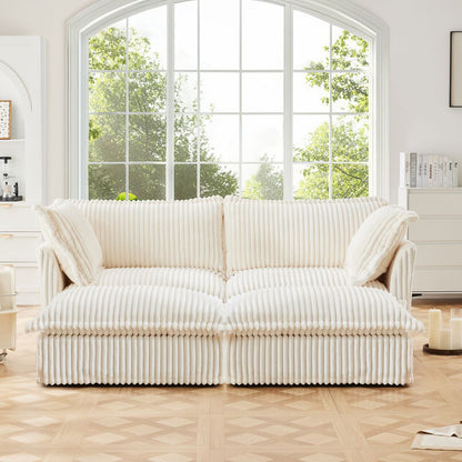 Slipcovered Sofa 2 Seater Sofa    With 2 Ottomans, 2 Seater Sleeper Sofa Bed Home Theater Oversized Sofa For Living Room, Corduroy, Cream