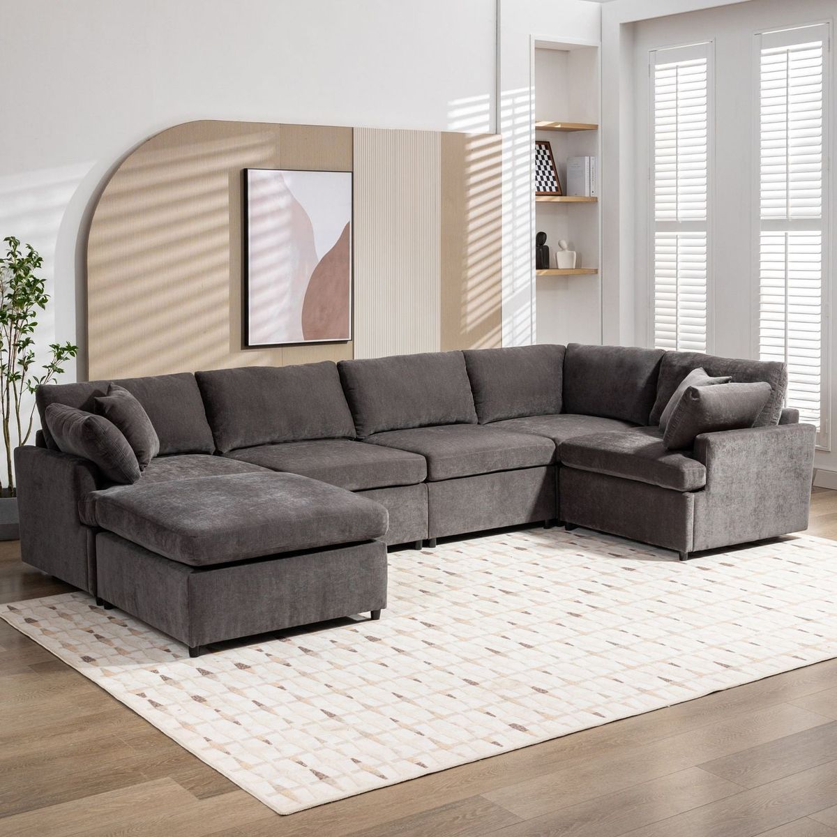 Modern Large U-Shape Sectional Sofa, with Removable Ottomans for Living Room (6-Seater)