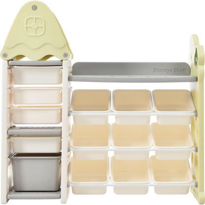 Kids Toy Storage Organizer with 14 Bins, Multi-functional Nursery Organizer Kids Furniture Set Toy Storage Cabinet Unit with HDPE Shelf and Bins for Playroom, Bedroom, Living Room