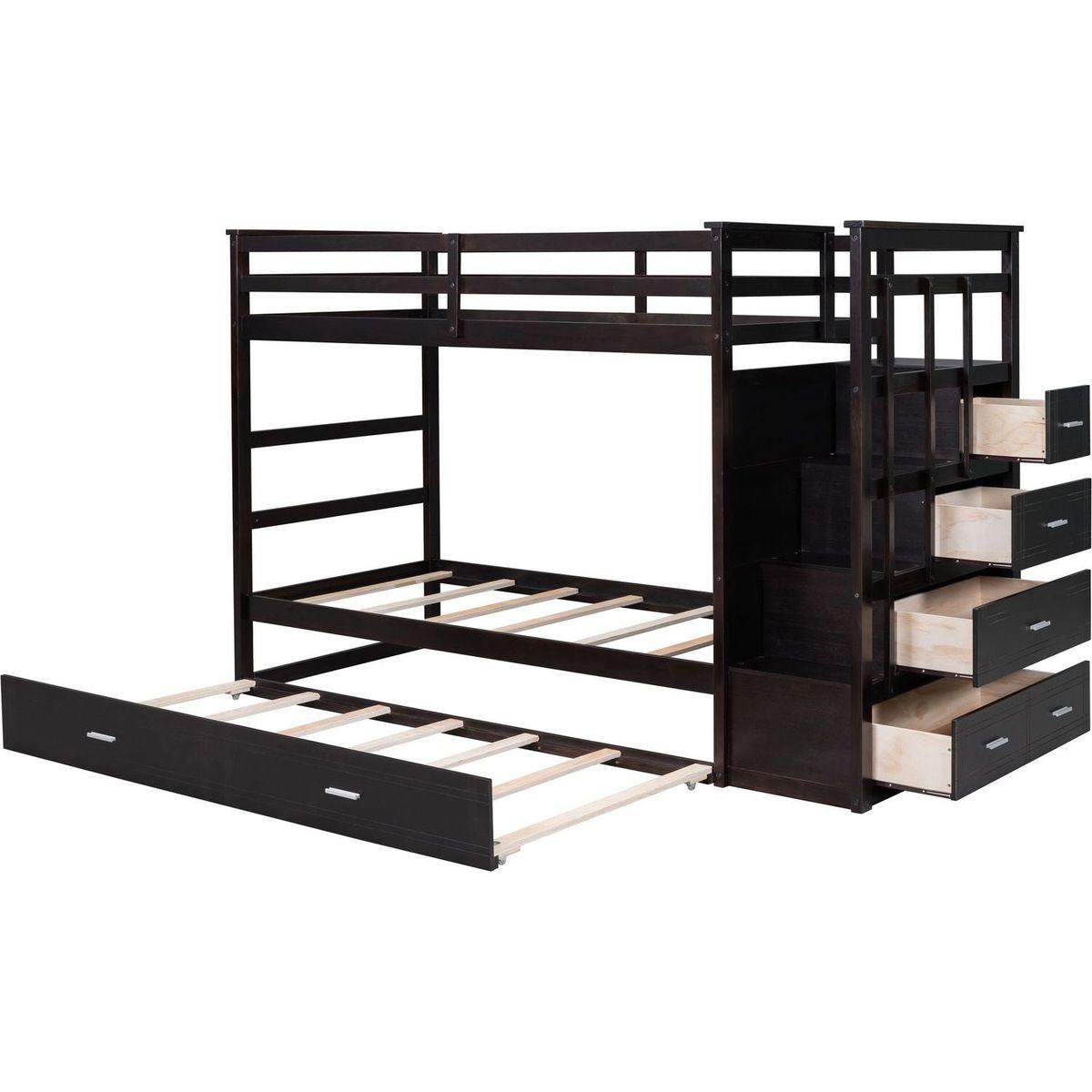 Twin Over Twin Bunk Bed with Trundle and Staircase,Espresso