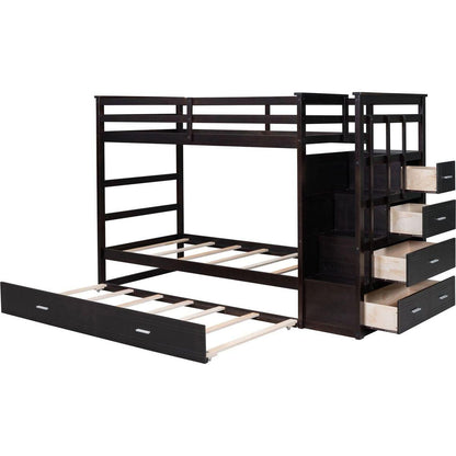 Twin Over Twin Bunk Bed with Trundle and Staircase,Espresso