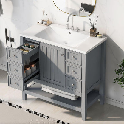 36" Bathroom Vanity with Sink Combo, One Cabinet and Three Drawers, Solid Wood and MDF Board, Grey